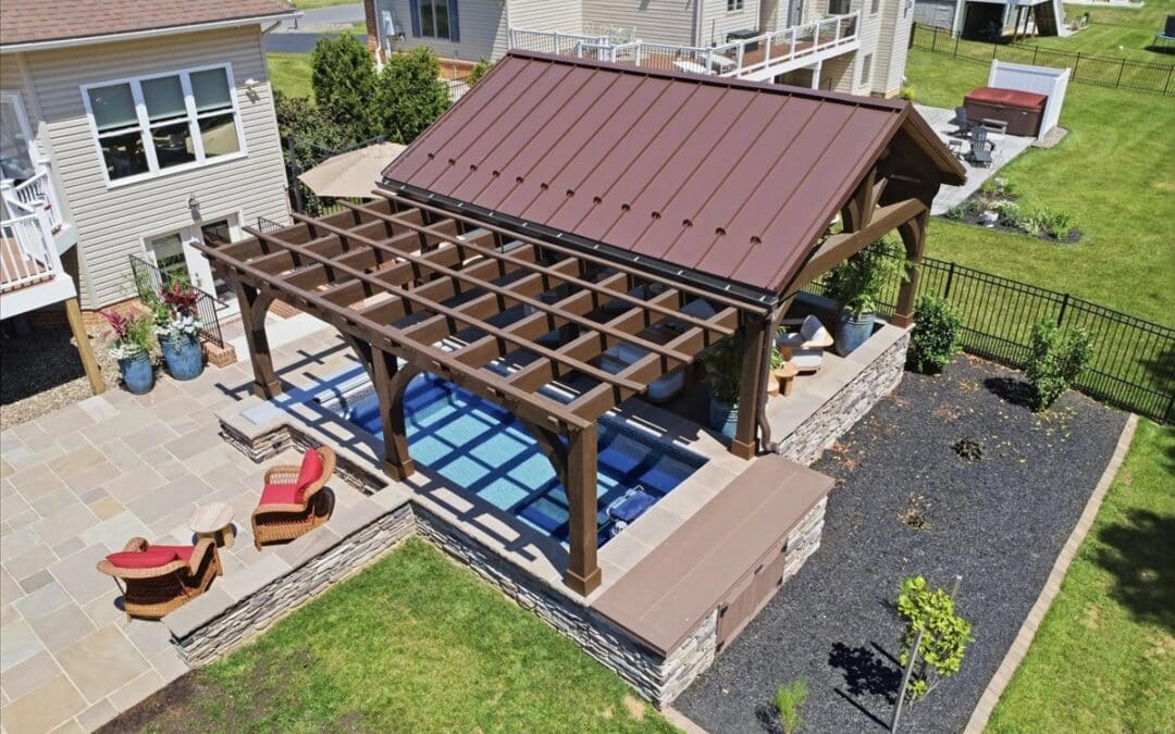 Timber frame pergola and pavilion outdoor living space project built by Mt. Tabor Builders of Clear Spring, MD in 2026.