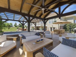 Timber frame pergola and pavilion outdoor living space project built by Mt. Tabor Builders of Clear Spring, MD in 2026.